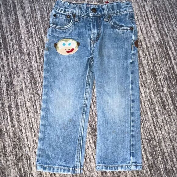 Levi’s 514 Toddler Size 3 Straight Fit Custom Embroidered Patchwork Monkey Jeans - Picture 1 of 7